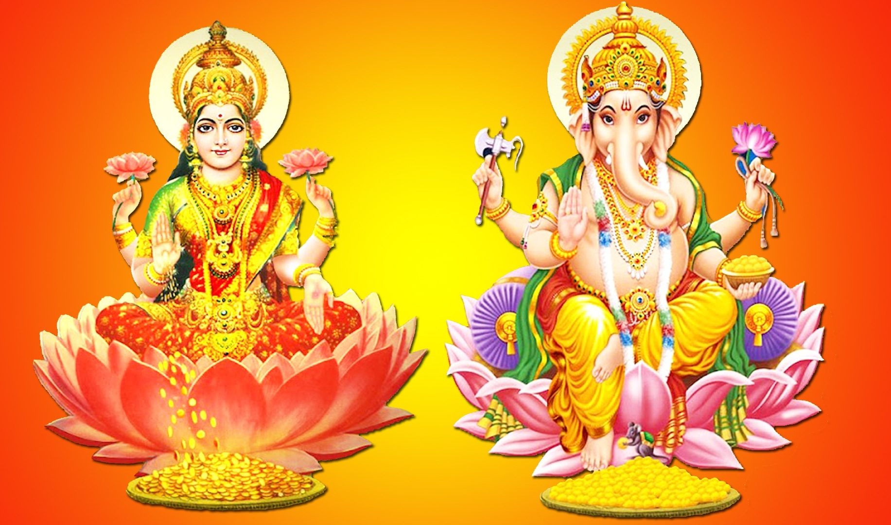 Idols of Lord Ganesh and Goddess Lakshmi are placed side by side for the prayers and rituals. Lord Ganesh is worshipped very first followed by Goddess Lakshmi.